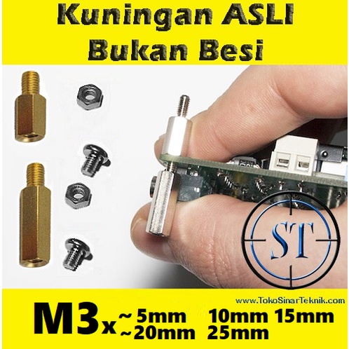 Spacer PCB M3 x 10mm-20mm Slicer Kaki / Dudukan PCB Kuningan Metal Spaser Spicer 5mm 10mm 15mm 20mm 25mm Brass Hex Baut Mur Box Ampli Brass
