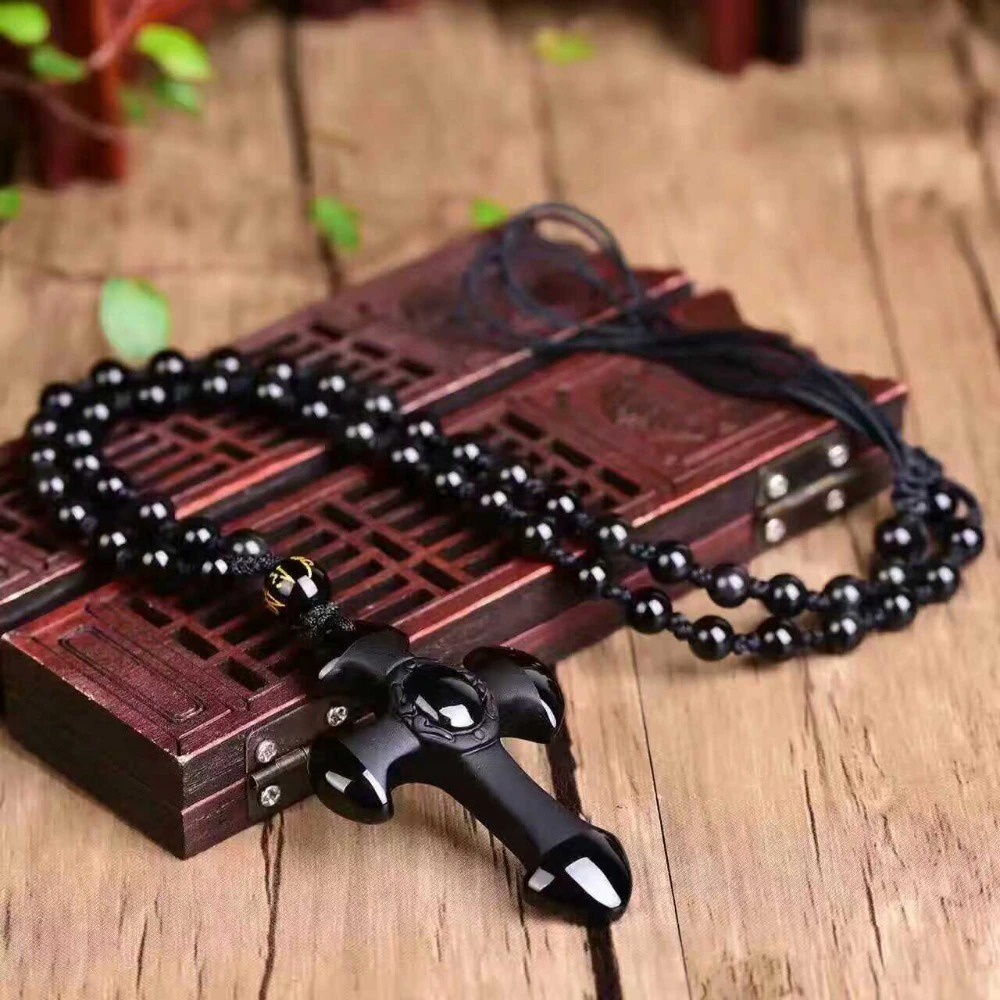 ALPHA OMEGA - Kalung Salib Batu Alam Obsidian - Aksesoris Rohani Kristen Katolik Pria Wanita