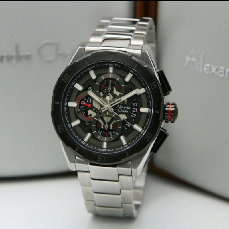 ORIGINAL GARANSI RESMI JAM TANGAN PRIA ALEXANDRE CHRISTIE SILVER BLACK RANTAI STAINLESS STEEL COWOK 