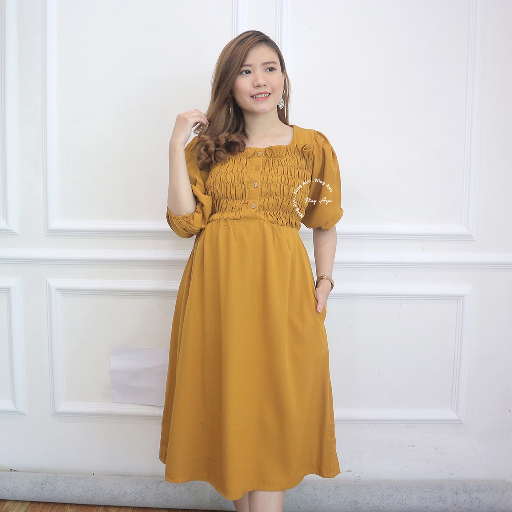 Mama Hamil Gwen Dress Wanita Hamil Menyusui Murah Modern Casual Dress Katun - DRO 209-MUSTARD
