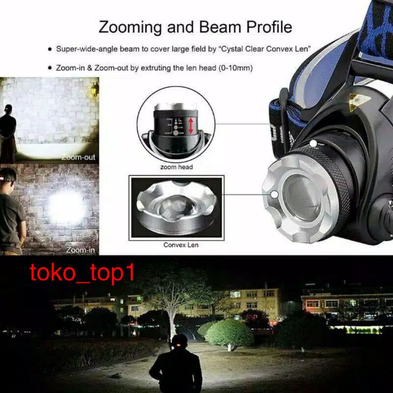 senter kepala T6 led ZOOM  2baterai hight power headlamp hitam