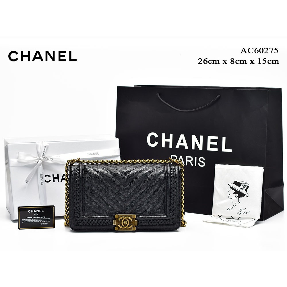SUPPLIER TAS BRANDED Tas Chanel Boy Chevron Medium Caviar Braided HITAM Semprem AC60275