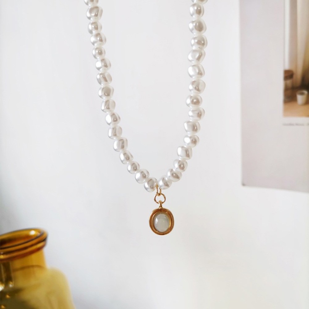 Kalung Choker Wanita Desain Geometri Oval Hias Mutiara Imitasi Gaya Minimalis Untuk Pernikahan