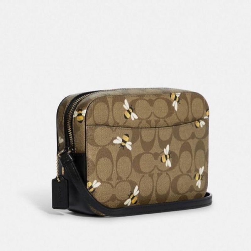 Coach Camera New Mini Signature Canvas With Bee Print / Brown Crossbody bag (C8671)