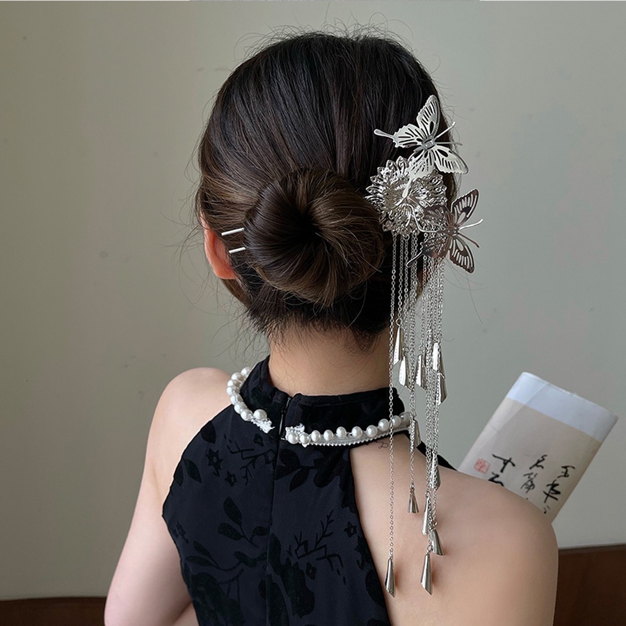 Jepit Rambut Model Bunga Asterkupukupu Bahan Alloy Hias Kristalmutiara Gaya Cina Retro Elegan Butterfly