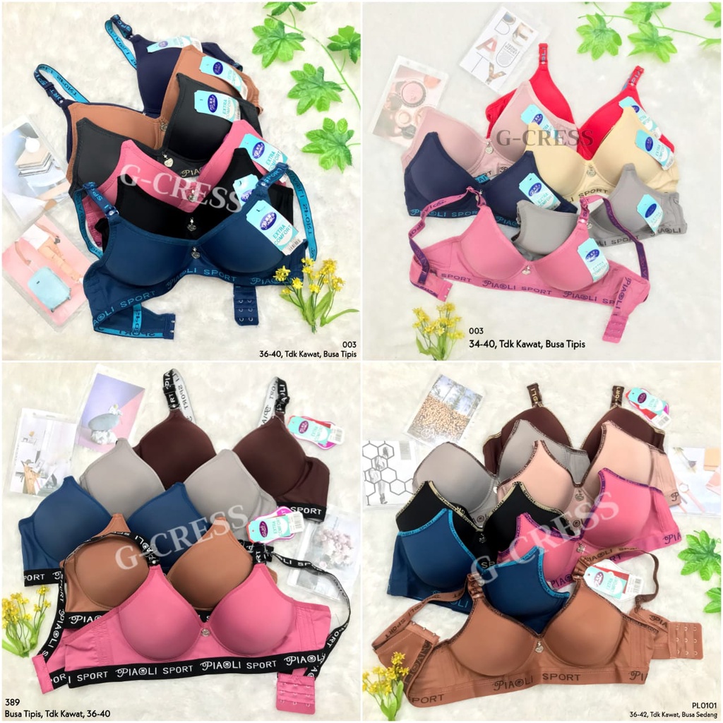PIAOLI - Bra Busa Tipis Busa Sedang Tanpa Kawat Kait 2, 3 BH Katun Nilon Polos & Motif Cup Penuh Ful
