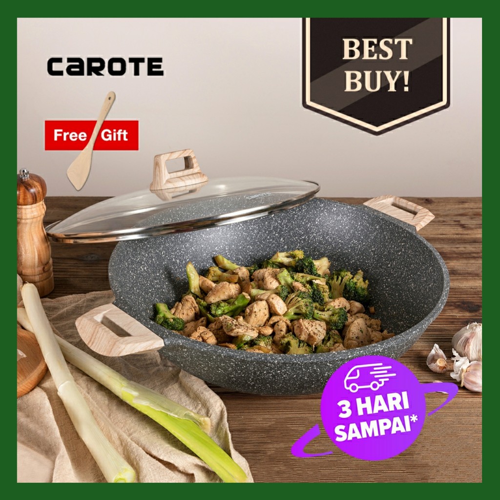 CAROTE KITCHEN Panci Wok Anti-lengket, 36CM/40CM Dua Pegangan Wok Wajan Tumis Penggorengan Wajan