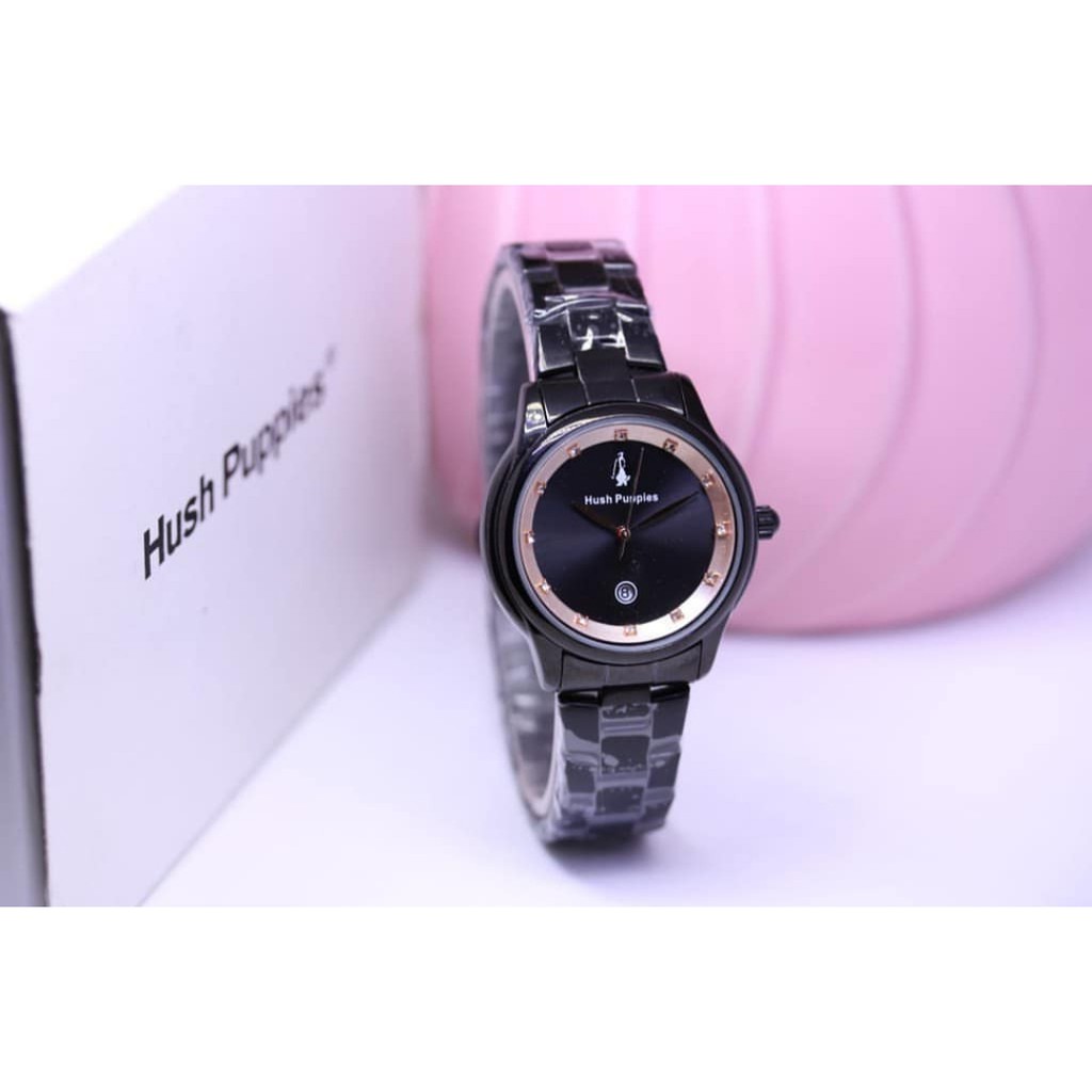 JAM TANGAN WANITA HUSH PUPPIES RANTAI BODY BULAT TANGGAL AKTIF