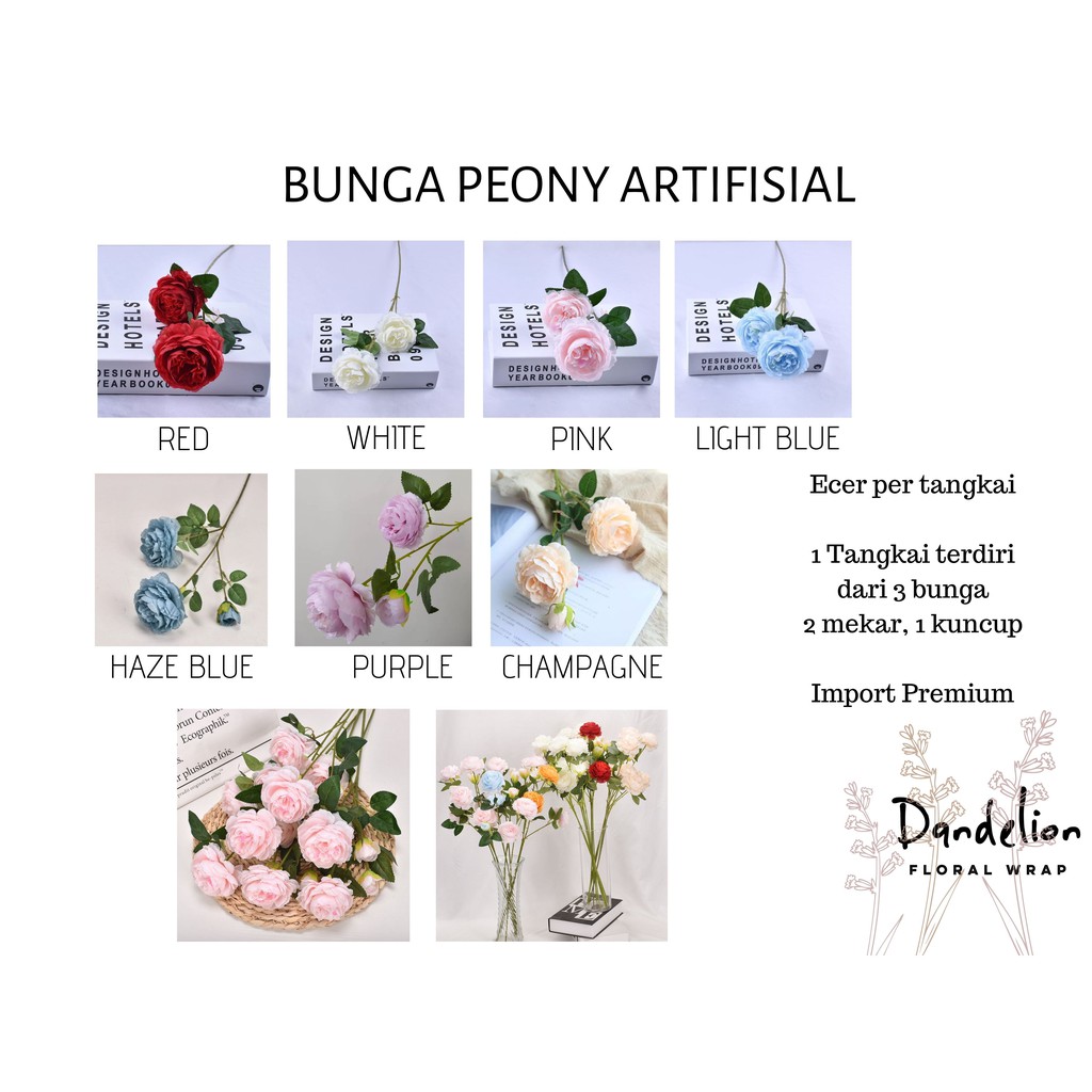 PEONY ARTIFICIAL BUNGA PEONY ARTIFISIAL ECER PER TANGKAI 3 CABANG BUNGA PALSU IMPORT PREMIUM