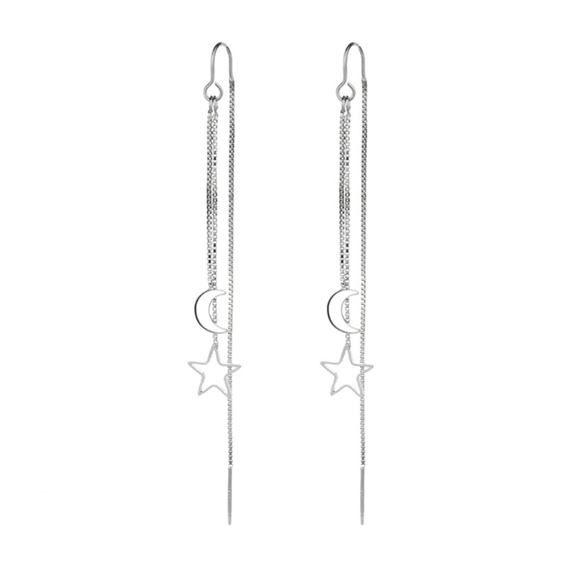 SIY  Shiny Silver Small Flat Moon Hollow Star Thread Through Earrings Threader Women