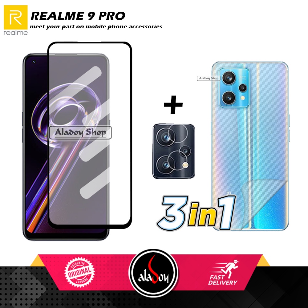 PAKET 3 IN 1 Tempered Glass Layar Realme 9 Pro Free Tempered Glass Camera dan Skin Carbon