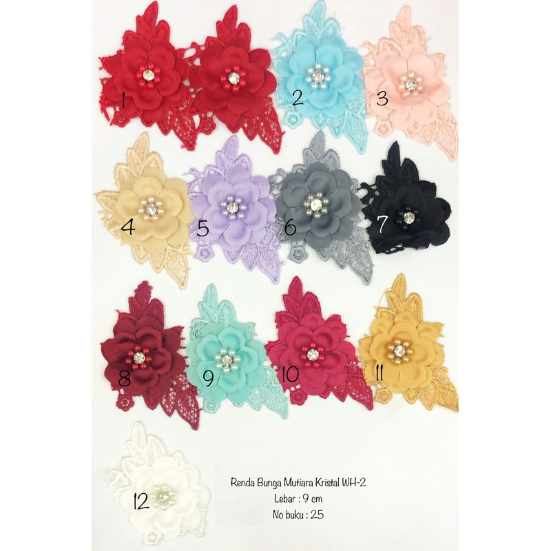 Renda Bunga Mutiara Kristal WH-2, Renda Baju, Renda Bordir, Renda Giper, Renda Katun, Lebar 9 cm