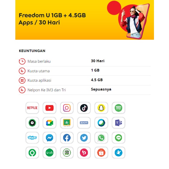 INDOSAT PROMO KUOTA FREEDOM U 1GB + Unlimited APP yellow freedom Harian 24JAM 30 HARI