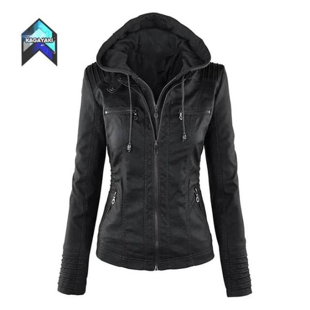 Jaket kulit sintetis wanita / jaket semi kulit hoodie / jaket murah /  fashion wanita-3