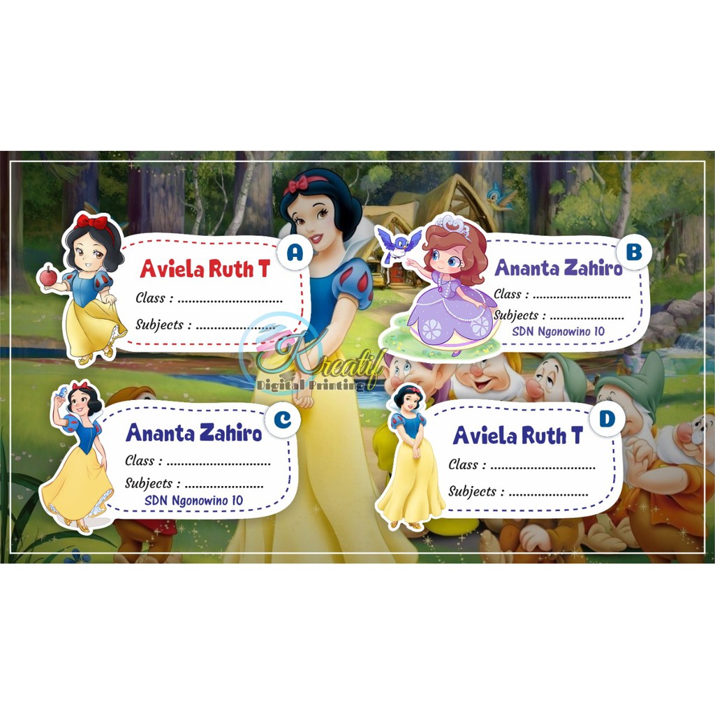

Stiker nama sampul buku Tulis Tema Snow White