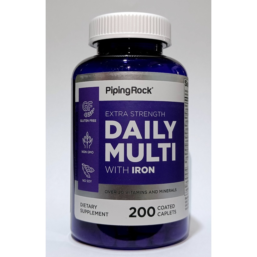 Piping Rock Extra Strength Daily Multi with Iron 200 coated caplets | Multivitamin dan mineral