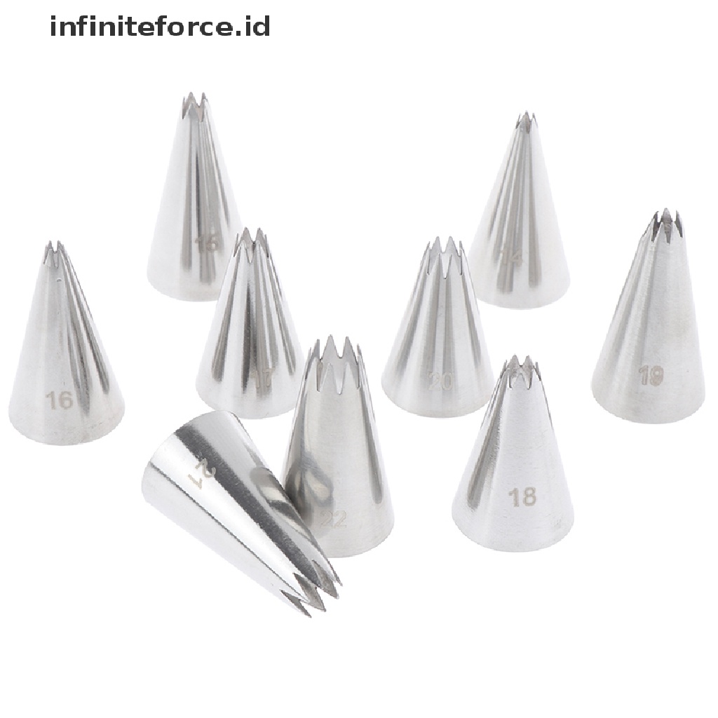 (Infiniteforce.Id) 9pcs / Set Spuit Piping Bentuk Bintang Bahan Metal Untuk Dekorasi Kue