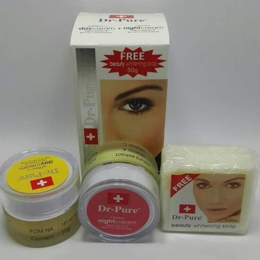 Dr Pure Whitening Cream Paket Komplit Day Night Krim FREE Facial Soap - Krim Siang Malam BONUS Sabun