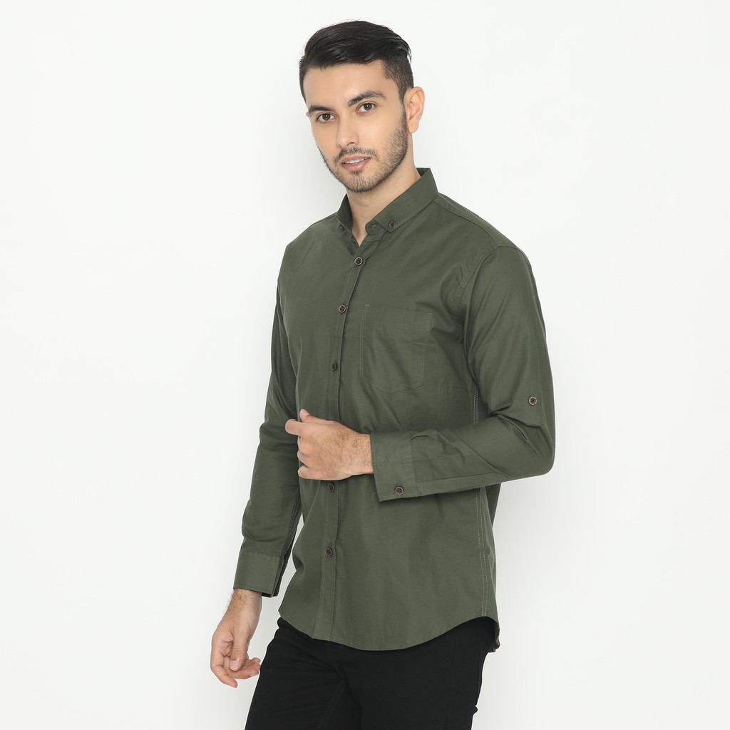 Kemeja Pria Basic Polos Lengan Panjang Slimfit Hijau Army