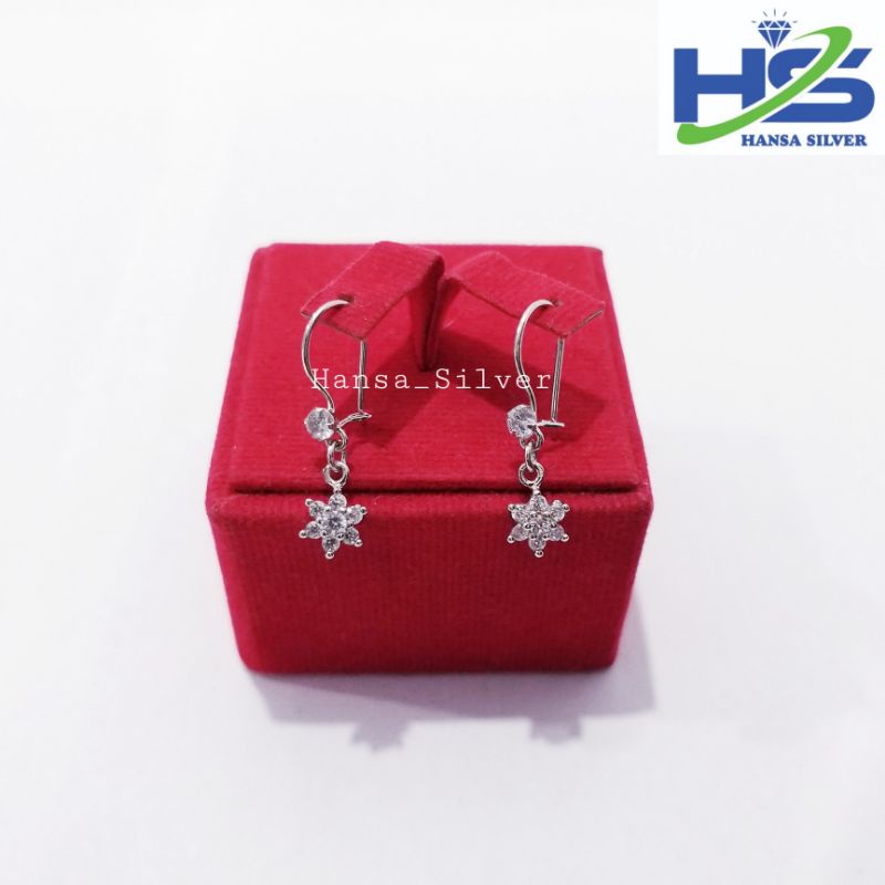 Anting Perak Asli Silver 925 Lapis Emas Putih Agogo Gantungan Love Bunga - Anting Wanita Anti Karat