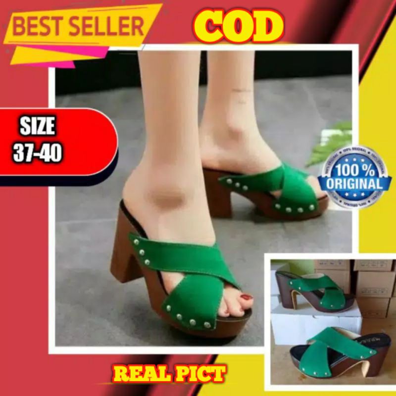 Sandal Sendal Selop High Heels Pesta Kondangan Wanita Cewek Tinggi 9 Cm Warna Hijau Murah JH100