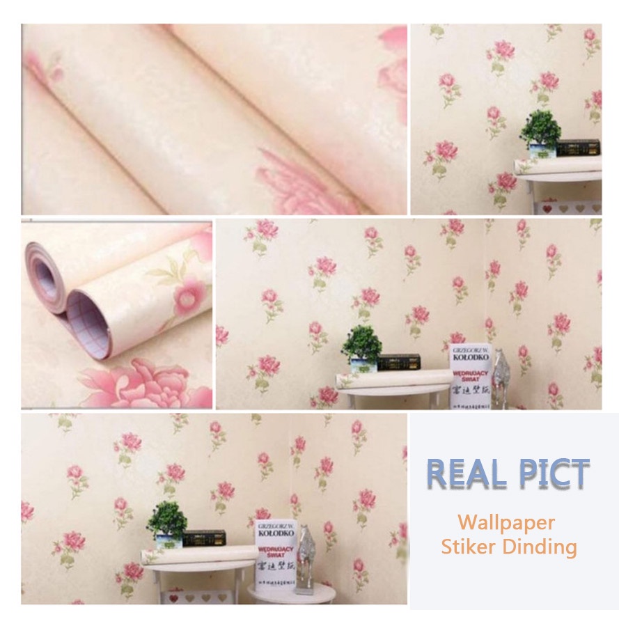 (PROMO) Gudang Wallpaper Stiker Dinding Bahan PVC Anti Air / Wallpaper kamar Tidur Bunga Pink Bahan PVC Premium (SUDAH ADA LEM)