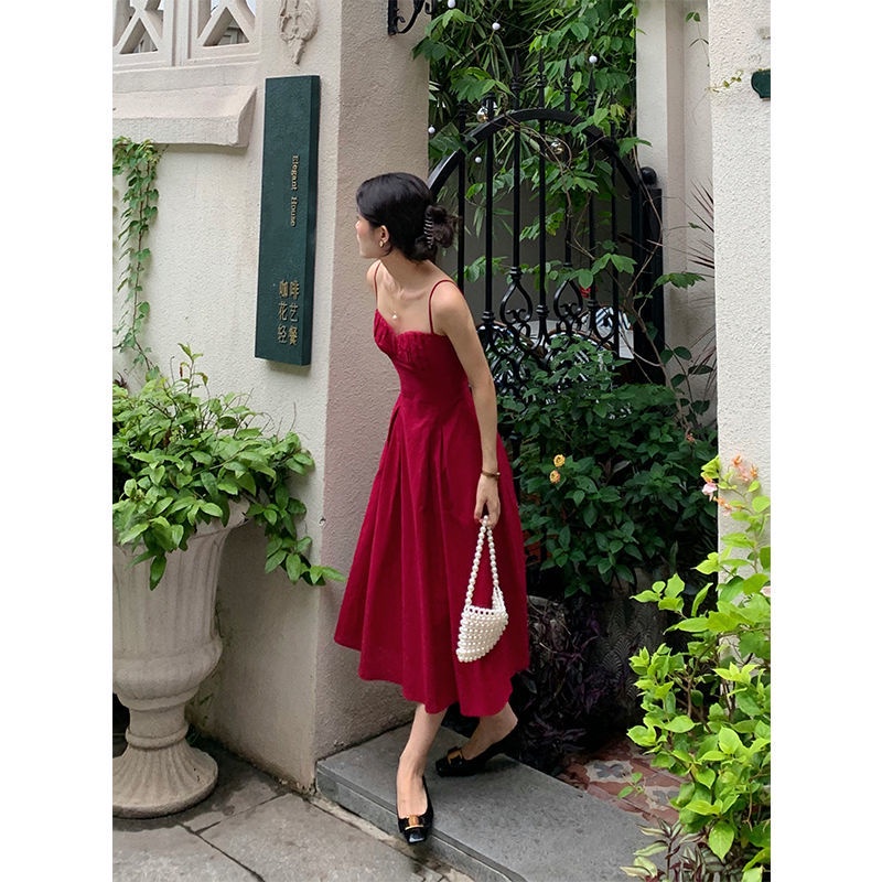 Red French Style Vintage gaun tanpa lengan musim panas baru wanita seksi off-shoulder peri tipis rok panjang