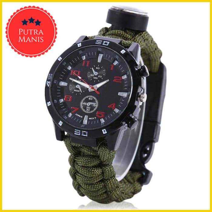 Jam Tangan pria analog cowok compas 5in1 Paracord Survival Watch Gelang Kompas Outdoor Camping