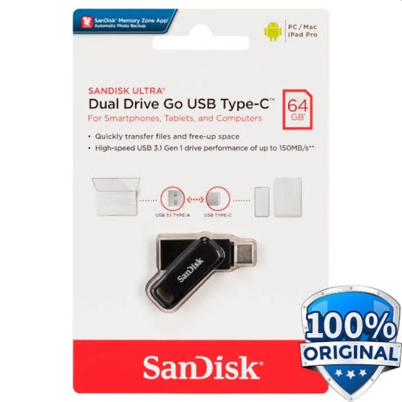 Dual Driver Flashdisk OTG Type C Sandisk Ultra 64Gb 3.1 up to 150mbps