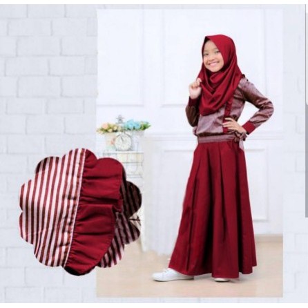 Baju Setelan Anak Muslim Dress + Hijab Khimar Muslim Anak Cewek Wanita Salur Garis Garis Usia 8-10 Tahun //Setelan Tunik Ceribelle Kidz// Baju Tunik Anak Perempuan Matt Katun Salur Motif Asli Kombi Baloteli Polos-1