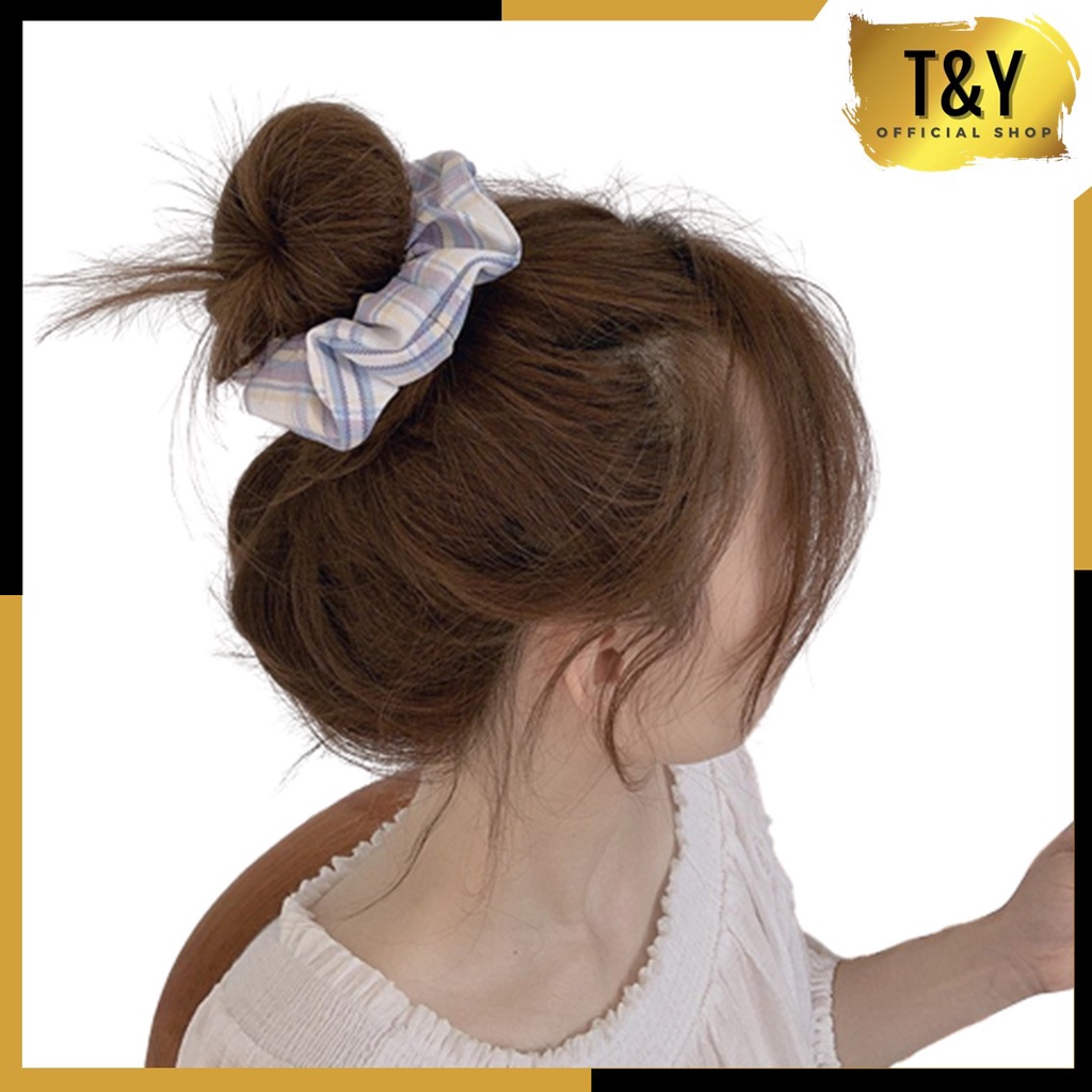 T&amp;Y Ikat Rambut scrunchie Elastis Motif Kotak Garis Bahan Katun Gaya Korea Isi 3 Pcs Free Pouch