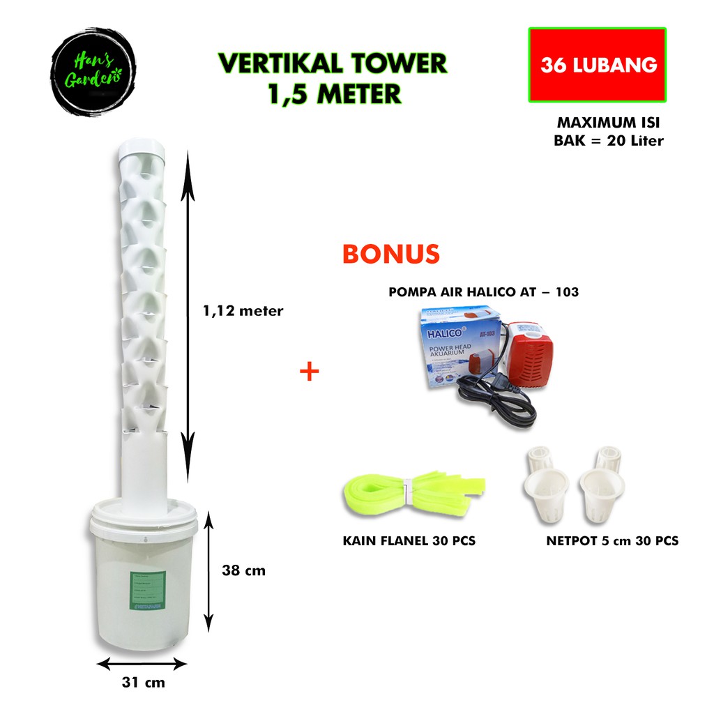 Instasi hidroponik tower vertical 30 lobang 1,5 meter