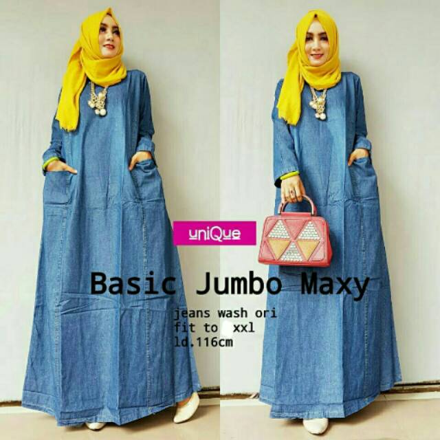 Basic Jumbo Maxy Jeans Gamis Jeans Baju Muslim Wanita Baju Terusan