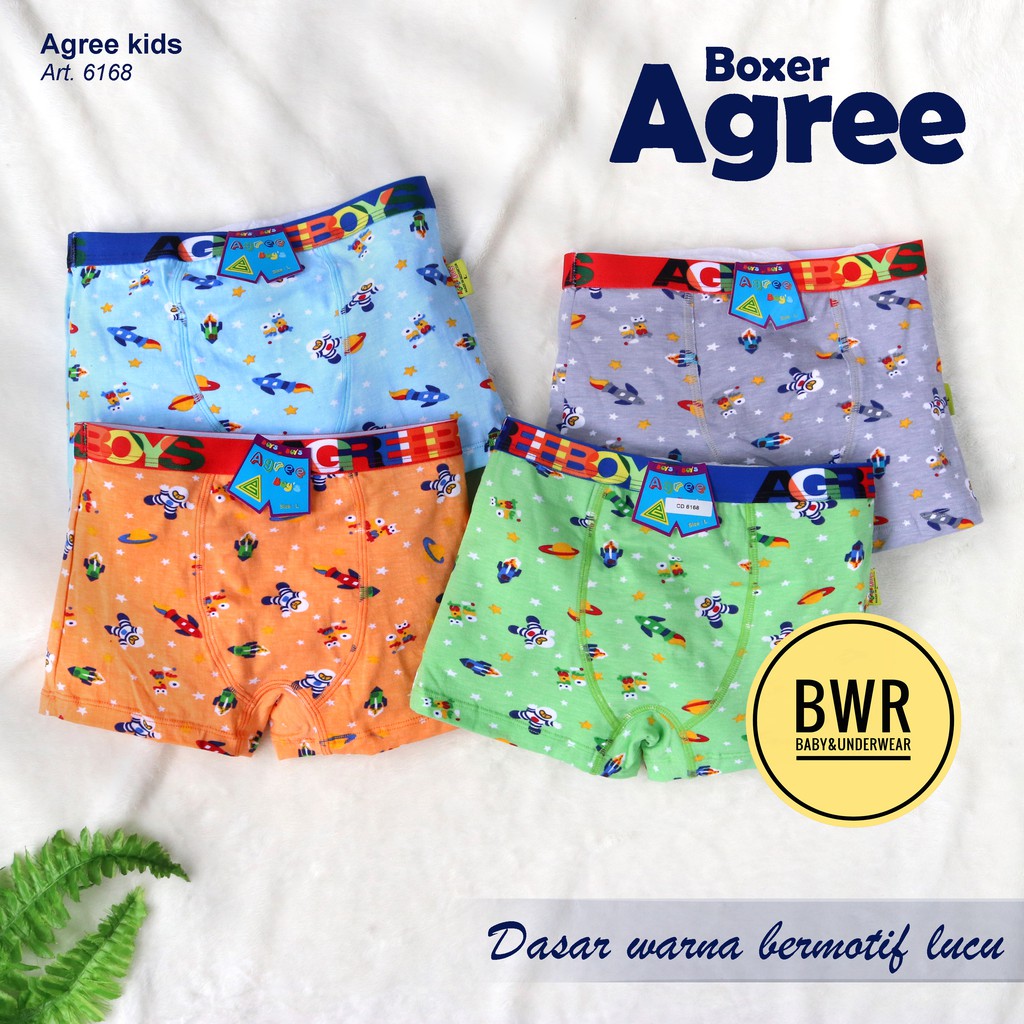 [ 3pc ] AGREE | Boxer Agree 6168 Kids WARNA | Celana Dalam Anak Boxer Dasar Warna Motif Lucu