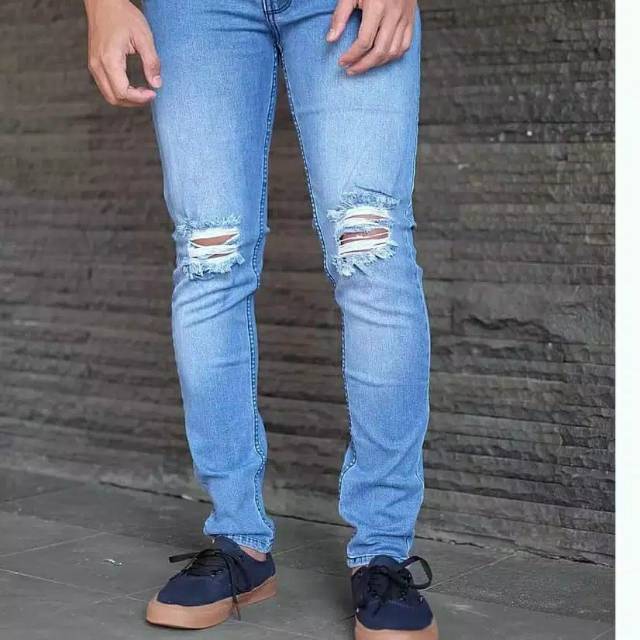 Celana jeans sobek pria jeans sobek lutut skinny streeth melar