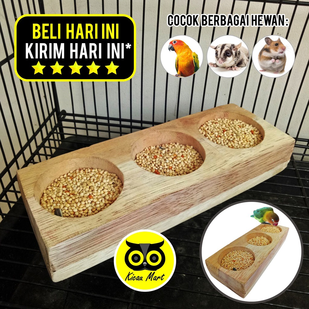 WADAH PAKAN BURUNG HAMSTER KAYU 3 LUBANG CEPUK WADAH TEMPAT MAKAN MINUM BURUNG LOVEBIRD PARKIT KENARI NURI PARROT SUGAR GLIDER WADAH MILLET MILET EXTRA FOODING 3LWDP