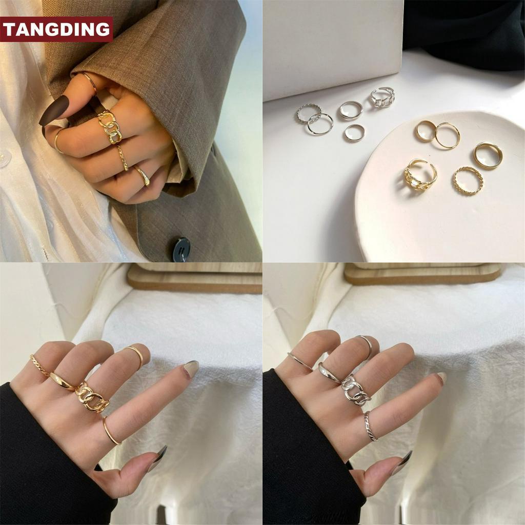 5pcs / Set Cincin Model Twist Bahan Metal Warna Emas Gaya Retro Korea Untuk Aksesoris