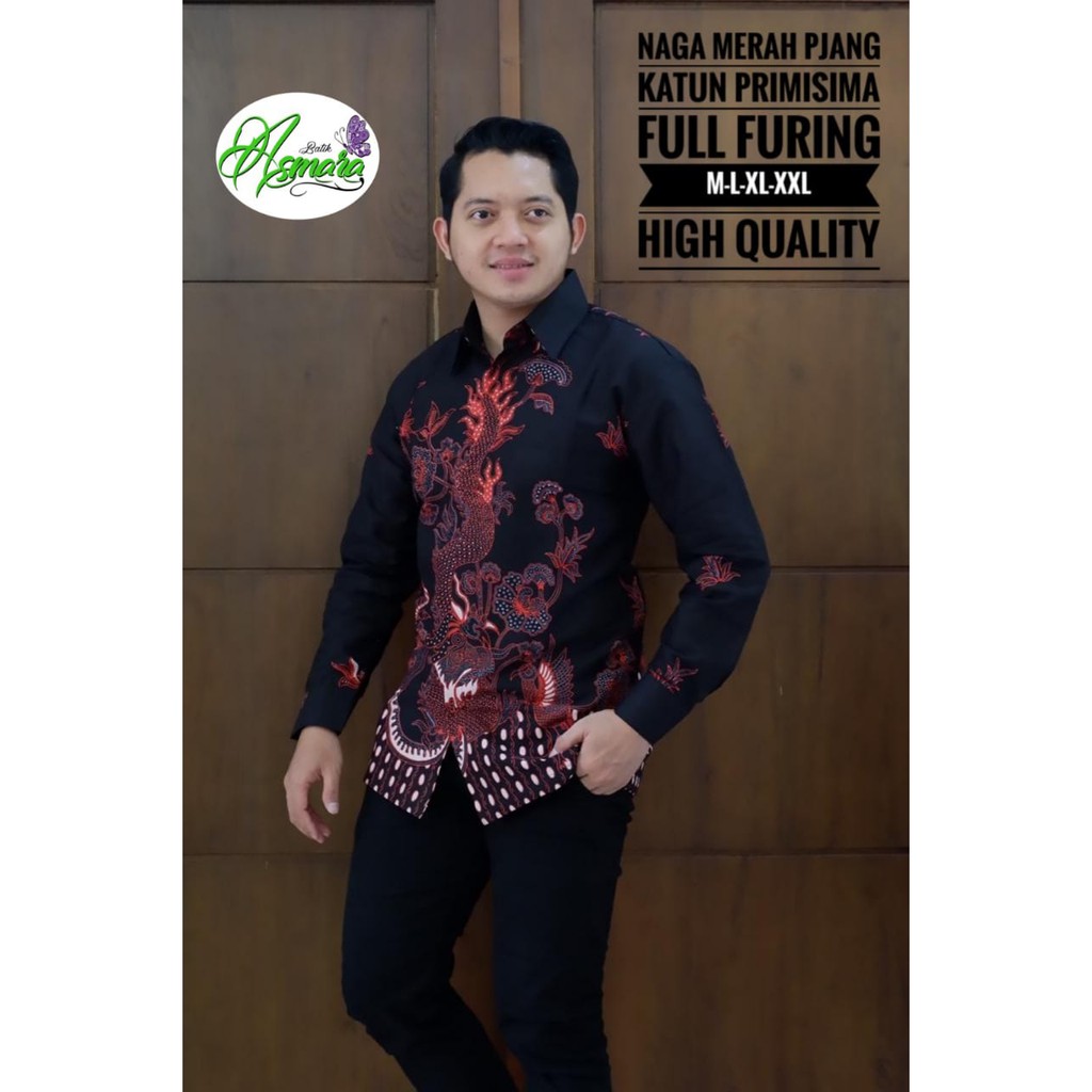 NAGA MERAH Kemeja Batik Pria Lengan Panjang Katun Halus FULL FURING Batik Asmara