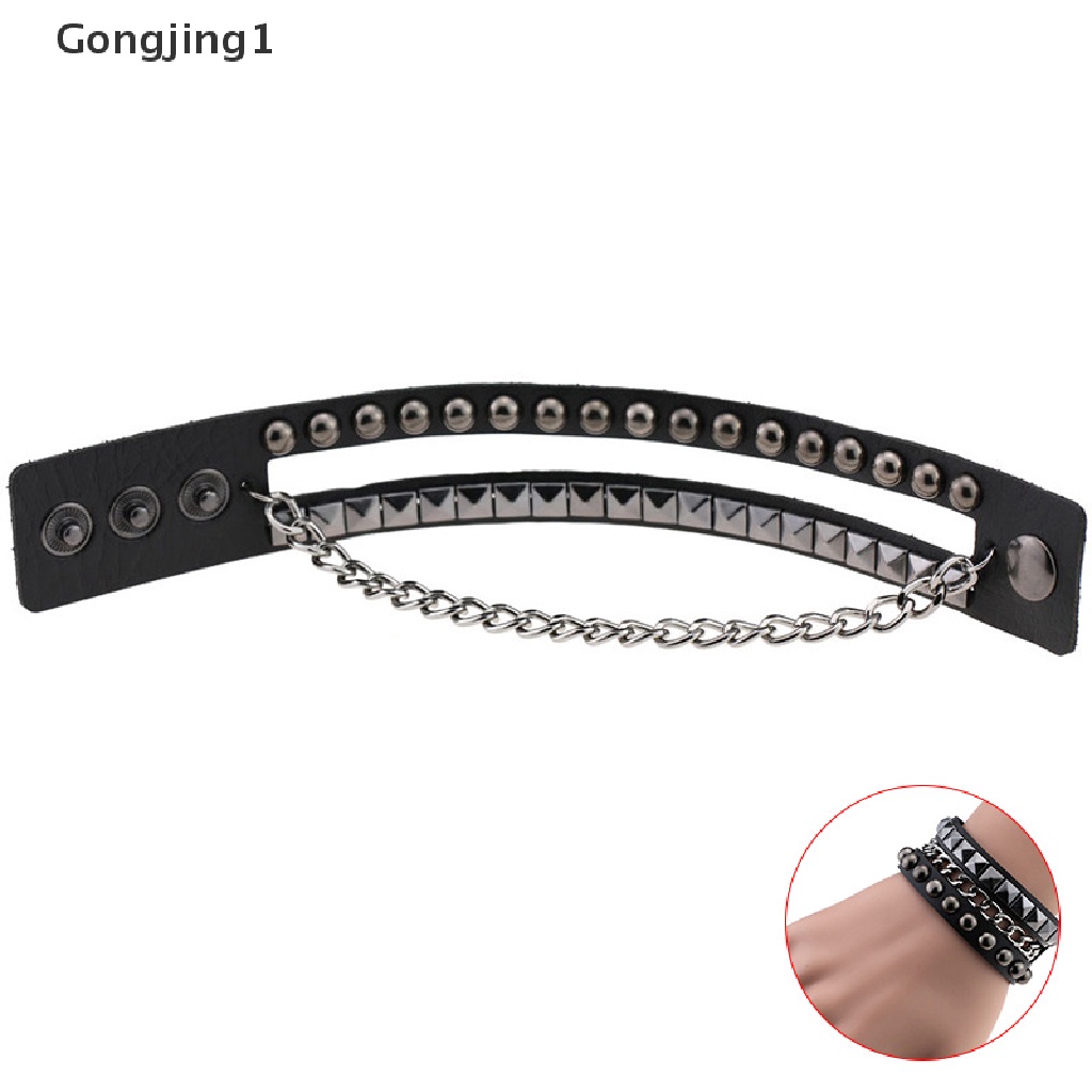 Gongjing1 Gelang Tangan Kulit Lebar Banyak Lapis Aksen Rivetrantai Gaya Gothicpunk Untuk Wanita