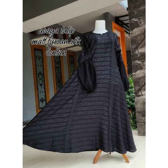 (COD) Pakaian muslim wanita Gamis Abaya Hitam Polos Kain Bahan Fursan Silk Embos Sultan Motif Premiu