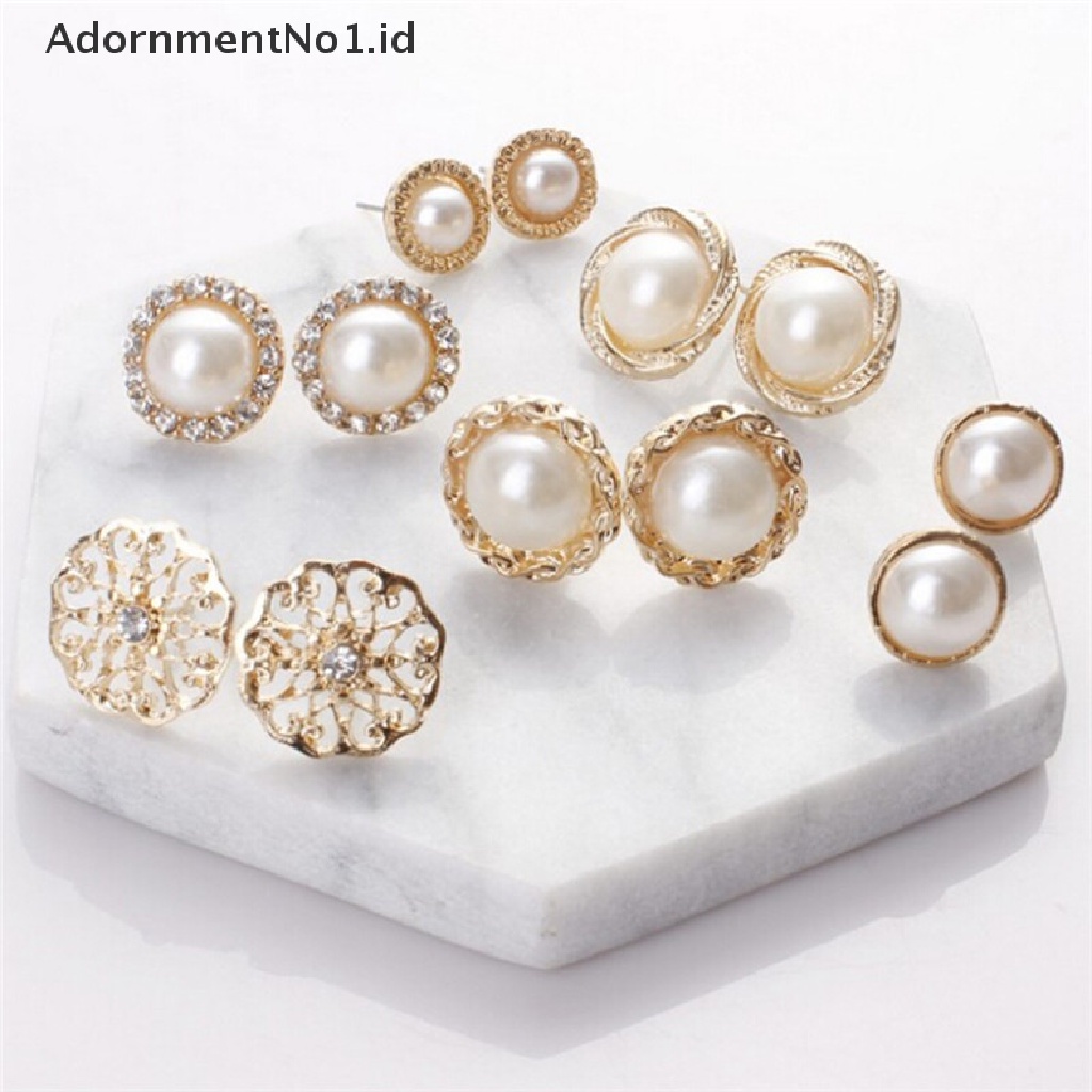 (AdornmentNo1) 6 Pasang / Set Anting Tusuk Motif Tanda + Mutiara + Berlian Imitasi Untuk Perhiasan Wanita (ID)