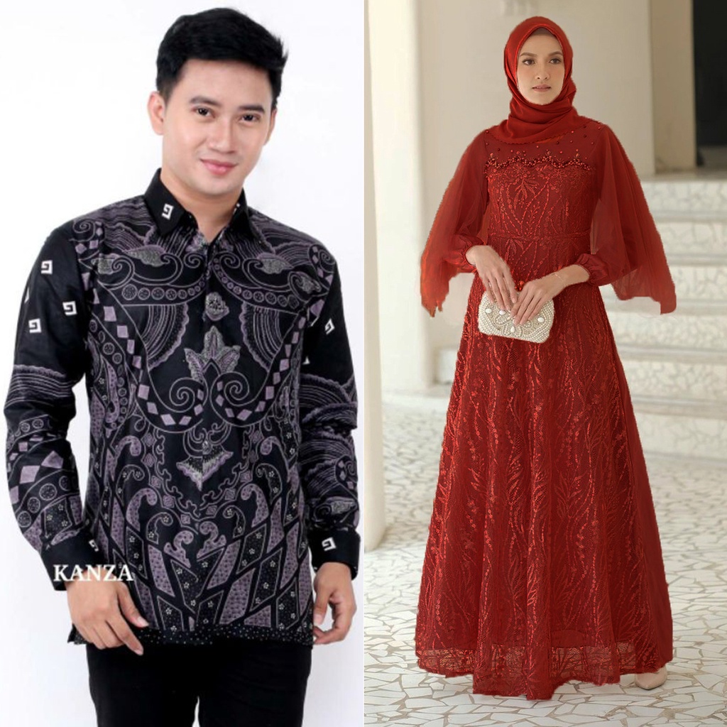 PRODUK TERBARU - Baju Batik Couple Gamis Brukat Modern | Couple Batik Gamis Tunagan | Baju Batik Gamis Brukat Couple Family | Baju Batik Couple Keluarga | Outfit Kondangan Kekinian | Seragam Dress Pesta Brokat Modern