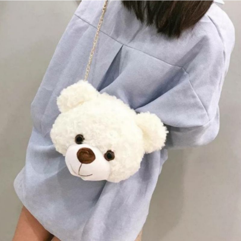 N_B_S / TEDDY BEAR Tas Boneka Kepala Beruang Tas Selempang Bulu Tas Selempang Wanita Rantai