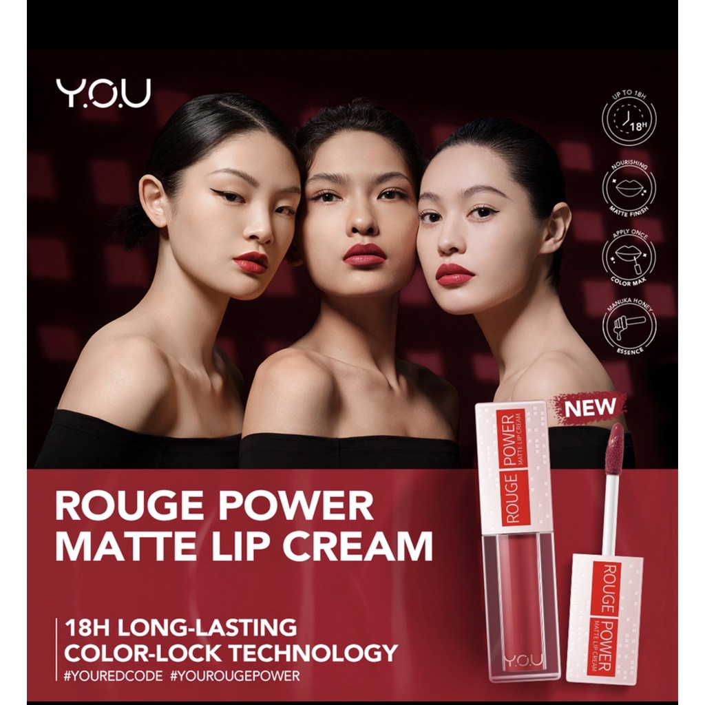 YOU Rouge Power Matte Lip Cream Matte Finish, Tahan Lama, Nourishing, with Manuka Honey