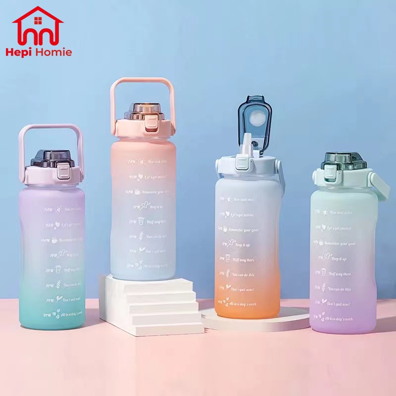 [HH] BOTOL MINUM KOREA JUMBO PELANGI 2 LITER VIRAL THUMBLER GRADIASI TANDA WAKTU MOTIVASI / WATER BOTTLE 2L FREE 2D &amp; 3D STICKER