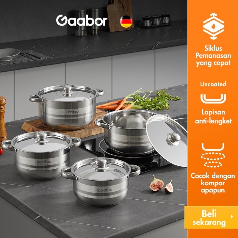 Gaabor Panci Sop Set 4 Ukuran Stainless Steel Tutup Kaca Food Grade / GS-S0246A