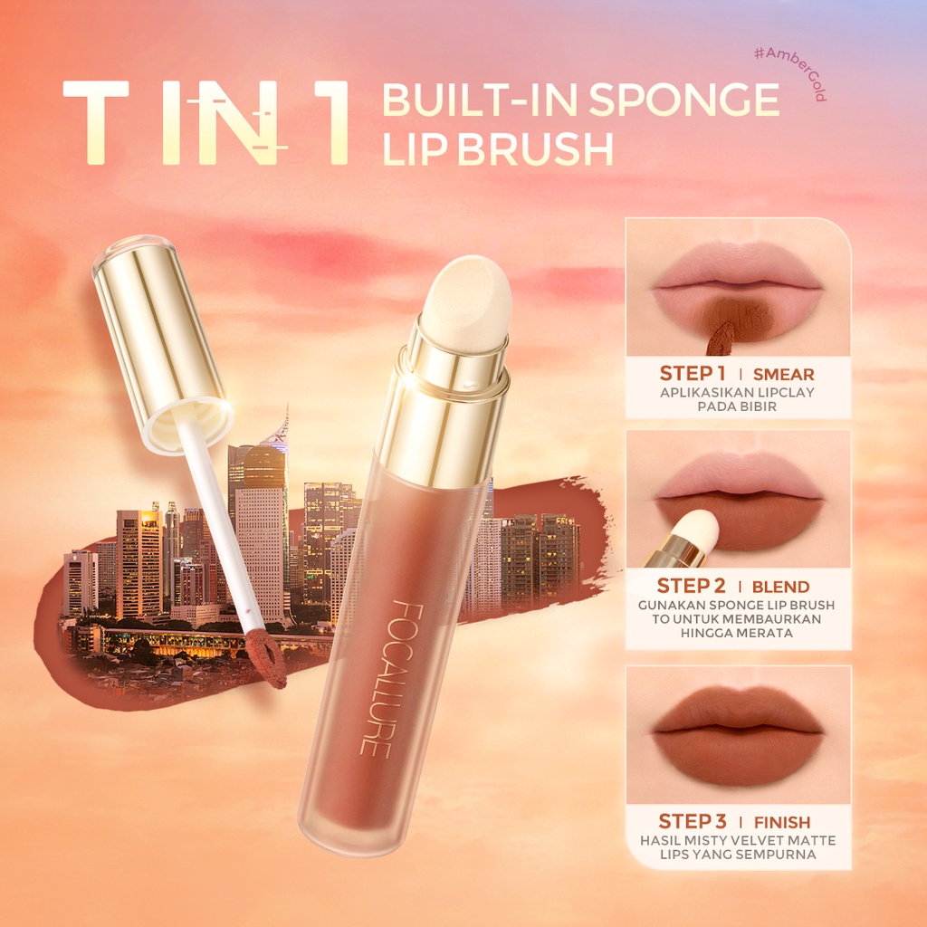 FOCALLURE #AmberGold Airy-fit Misty Velvet Matte Lip Clay Lightweight Moisturizer 2 in 1 Multi-use Sponge Lip Brush