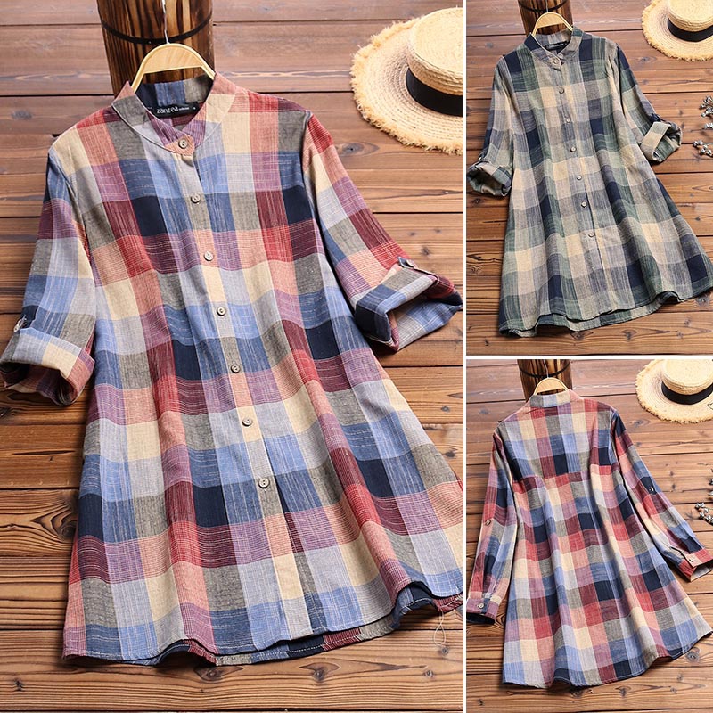 ZANZEA Women Check Plaid Long Sleeve Plus Size Buttons Blouse