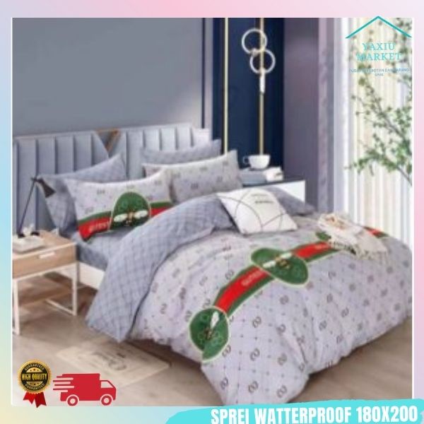 Sprei Waterproof / Sprei Protector bermotif / Sprei anti air ukuran 180x200CM SPREI WATERPROOF-GUCCI GREY