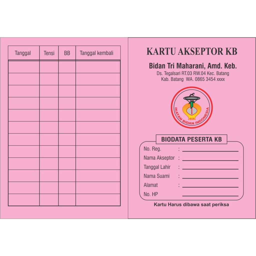 KARTU AKSEPTOR KB / Kartu Peserta KB / Kartu Kb / Buku KB / Buku Peserta KB / Kartu KB lipat (isi 100 lbr)